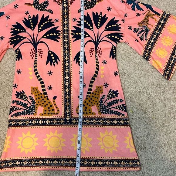 Farm Rio Anthropologie Printed Shift Mini Dress bell sleeves oversized pink comb - Picture 15 of 15